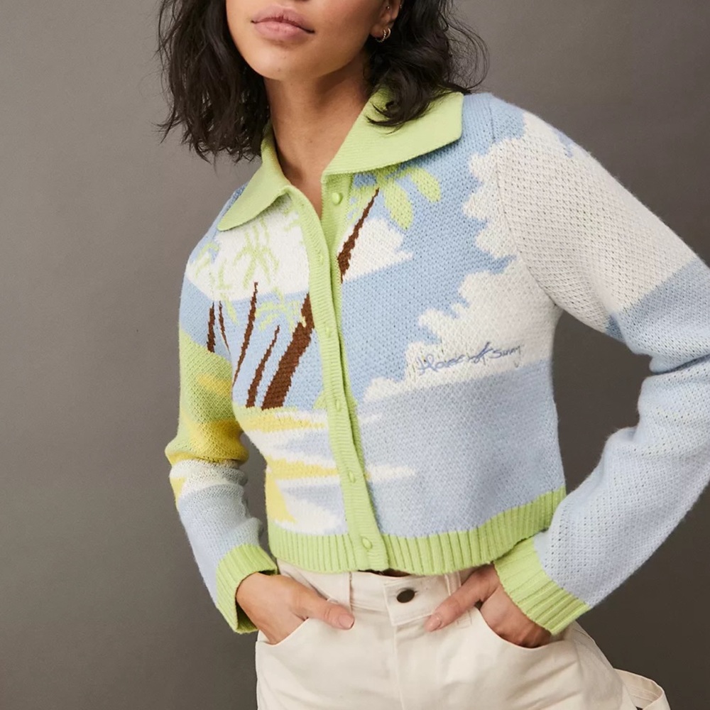 HOUSE OF SUNNY Lime Green Blue Tropical Knit Cropped Collared Cardigan Sweater - Picture 8 of 17